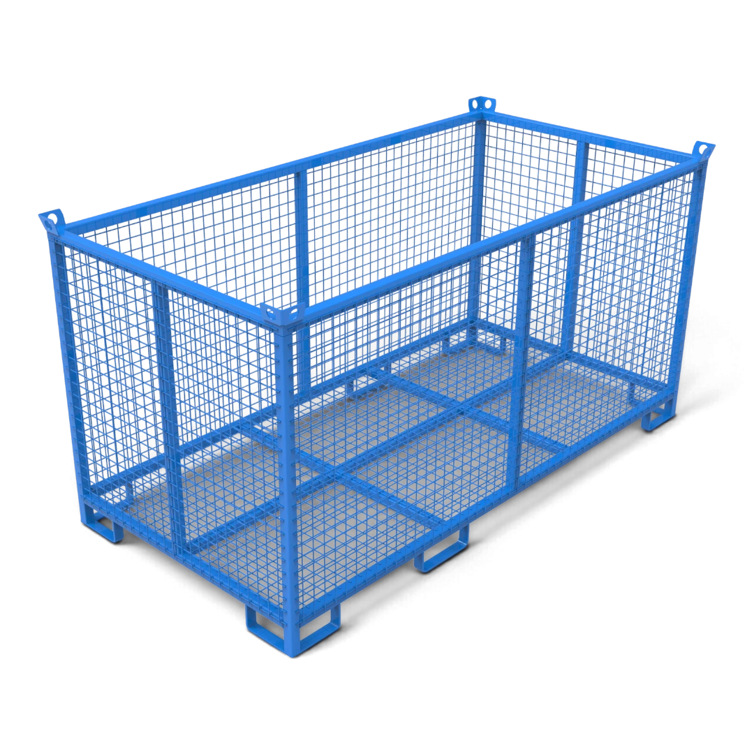 Gitterbox aus Stahl in Sondergrößen – verschweißter Quadratrohr-Rahmen mit Gitterboden, stapelbar. Für Lager, Transport und Außenbereich.